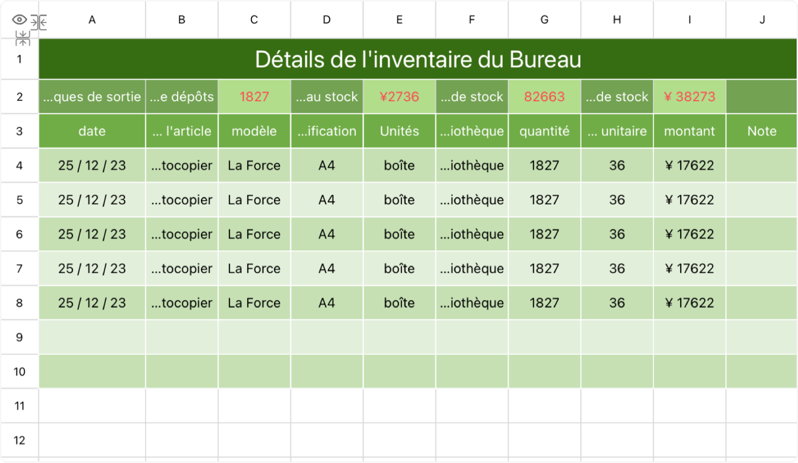 Détails de l'inventaire du Bureau 1